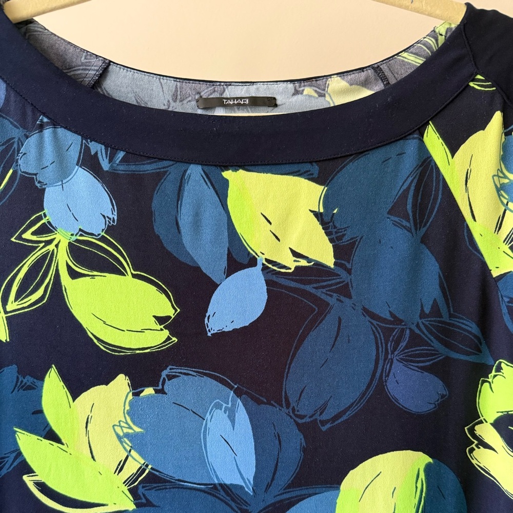 Tahari Navy Dress with Lime and Blue Leaf Print - Picture 3 of 8